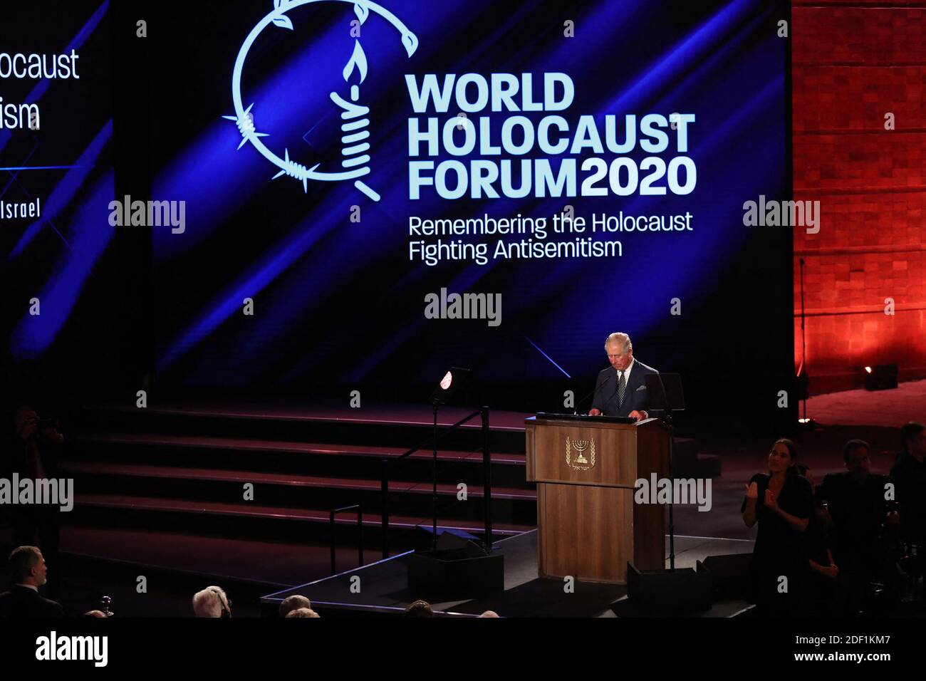 Prince Charles speaks during the Fifth World Holocaust Forum at the Yad Vashem Holocaust memorial museum in Jerusalem on January 23, 2020. Handout Photo by GPO/ABACAPRESS.COM Stock Photo