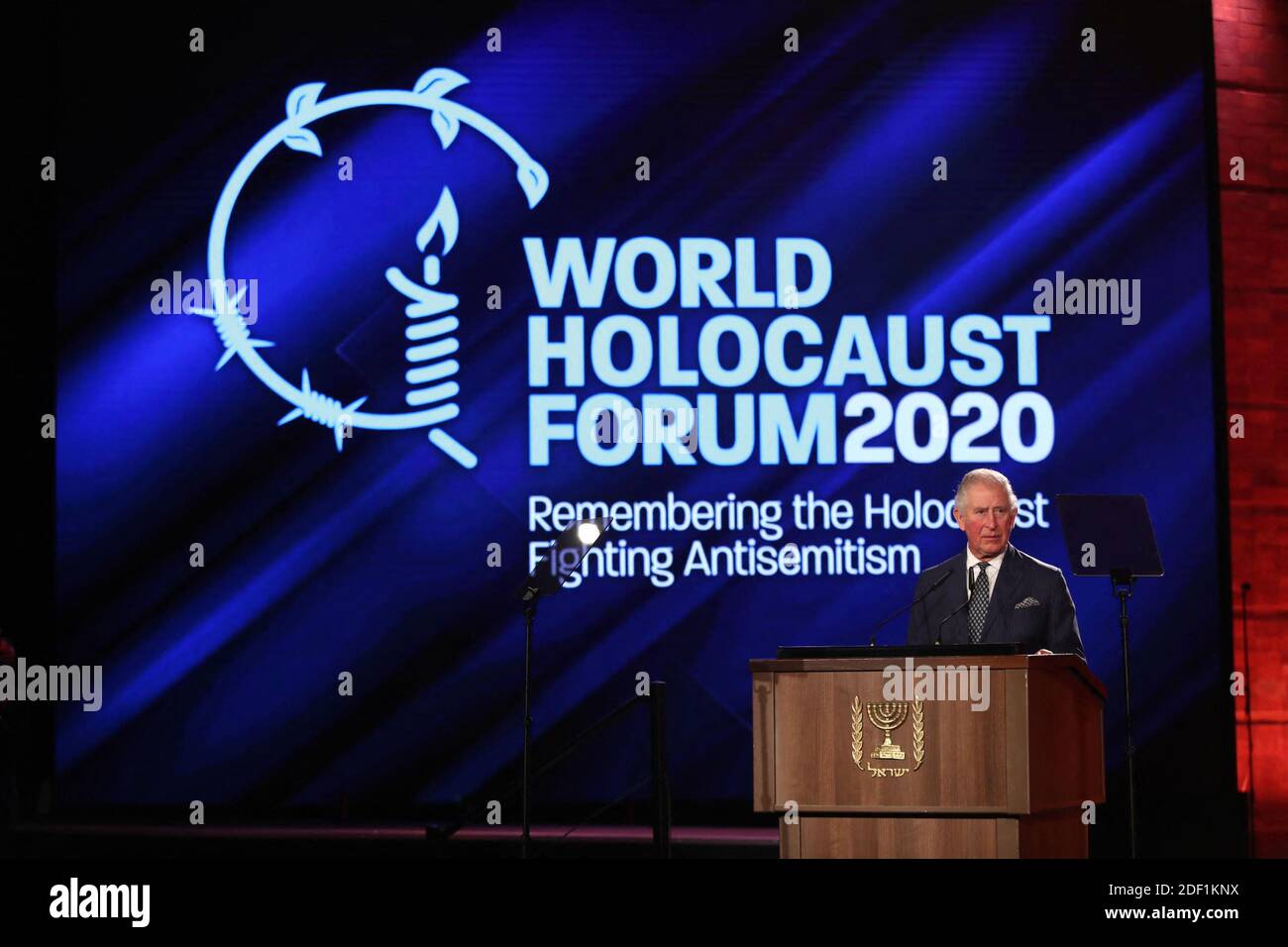 Prince Charles speaks during the Fifth World Holocaust Forum at the Yad Vashem Holocaust memorial museum in Jerusalem on January 23, 2020. Handout Photo by GPO/ABACAPRESS.COM Stock Photo