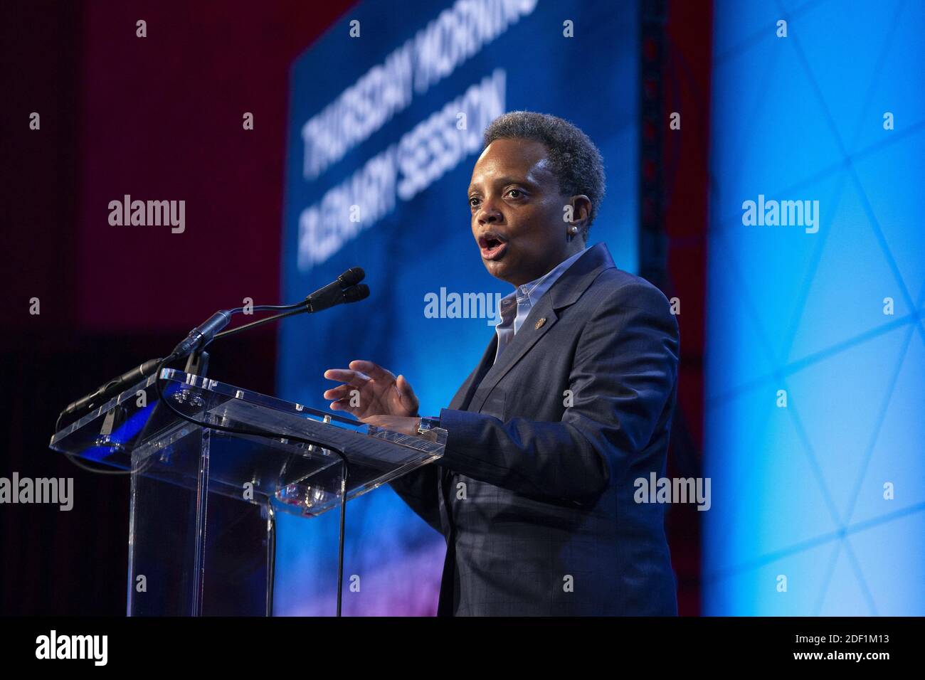 Lori Lightfoot, Mayor of Chicago, delivers remarks at the United States Conference of Mayors 88th Winter Meeting at the Capital Hilton Hotel in Washington D.C., U.S., on Thursday, January 23, 2020. Photo by Stefani Reynolds/CNP/ABACAPRESS.COM Stock Photo