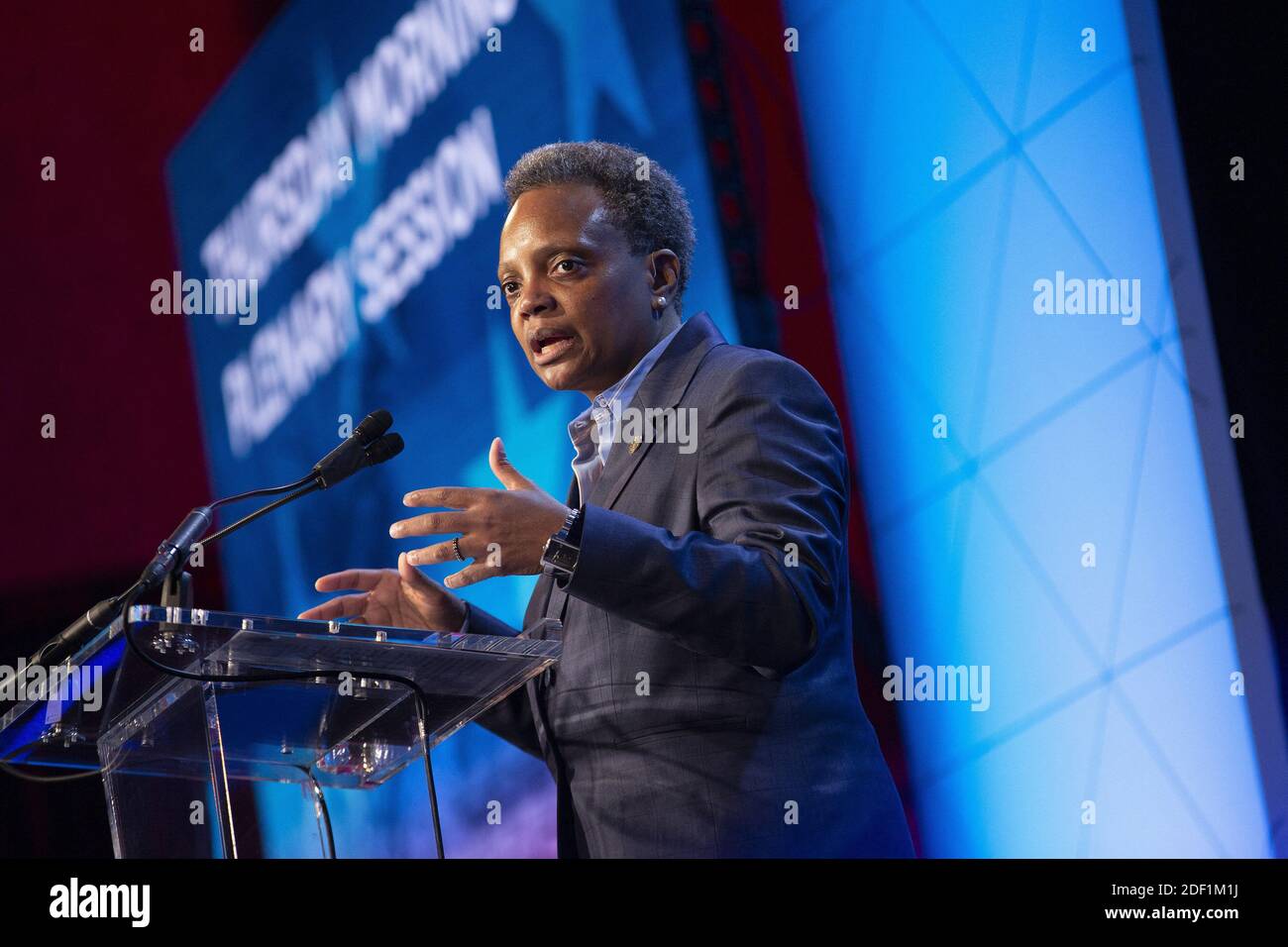 Lori Lightfoot, Mayor of Chicago, delivers remarks at the United States Conference of Mayors 88th Winter Meeting at the Capital Hilton Hotel in Washington D.C., U.S., on Thursday, January 23, 2020. Photo by Stefani Reynolds/CNP/ABACAPRESS.COM Stock Photo