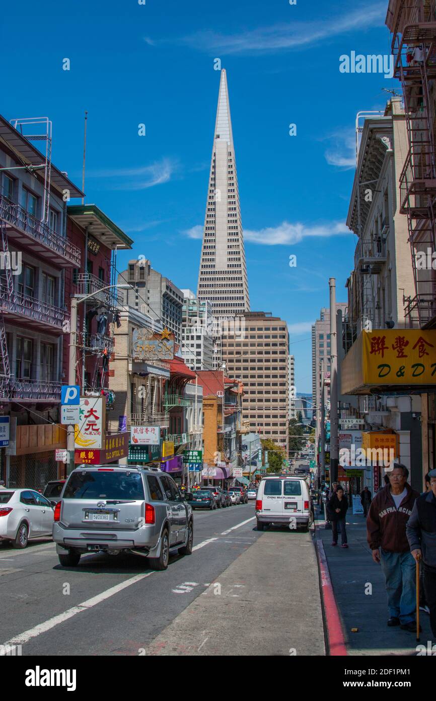TransAmerica building in the heart of downtown San Francisco as viewed from the Chinatown neighborhood Stock Photo