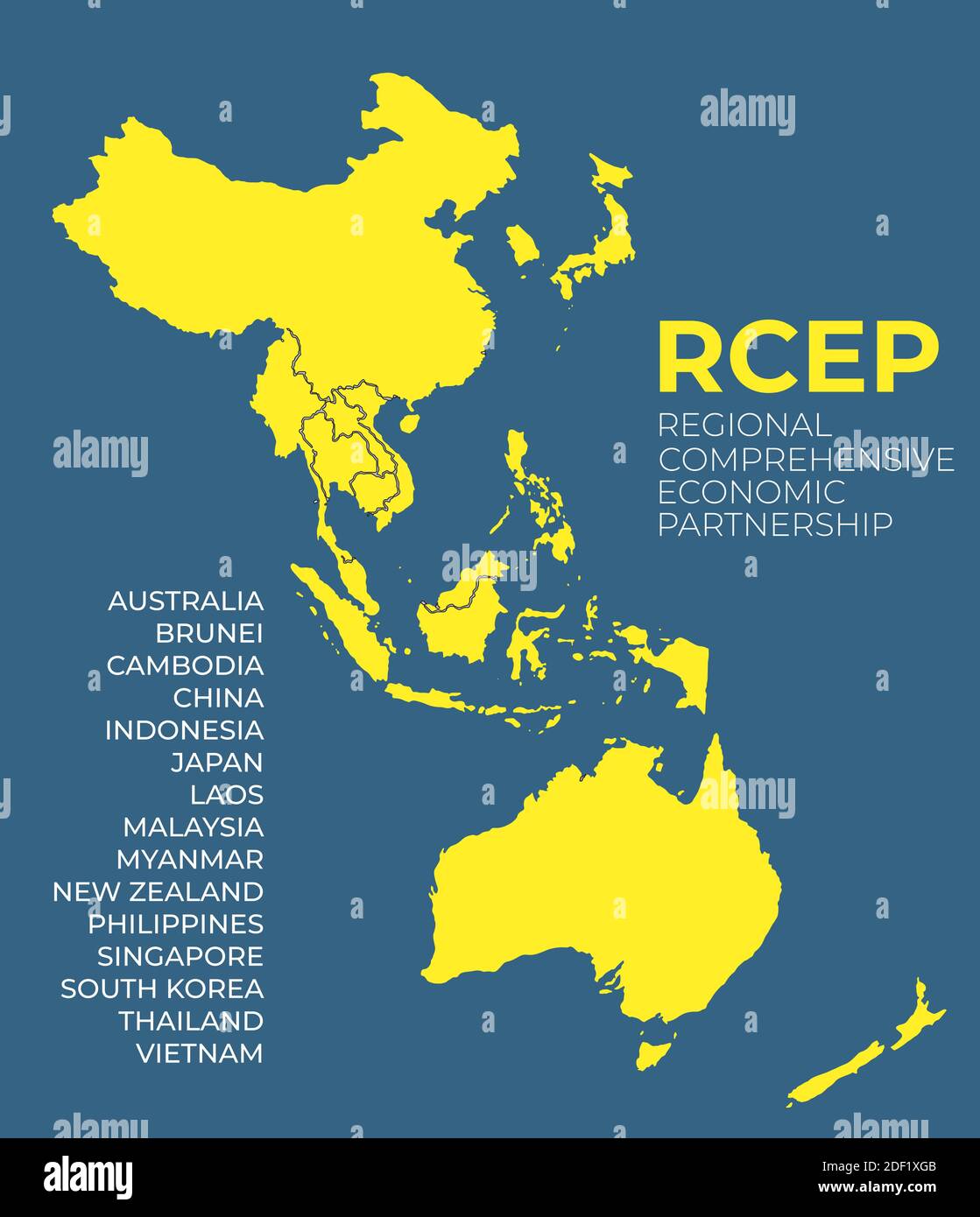 Modern Regional Comprehensive Economic Partnership RCEP map background.  Illustration. Stock Photo