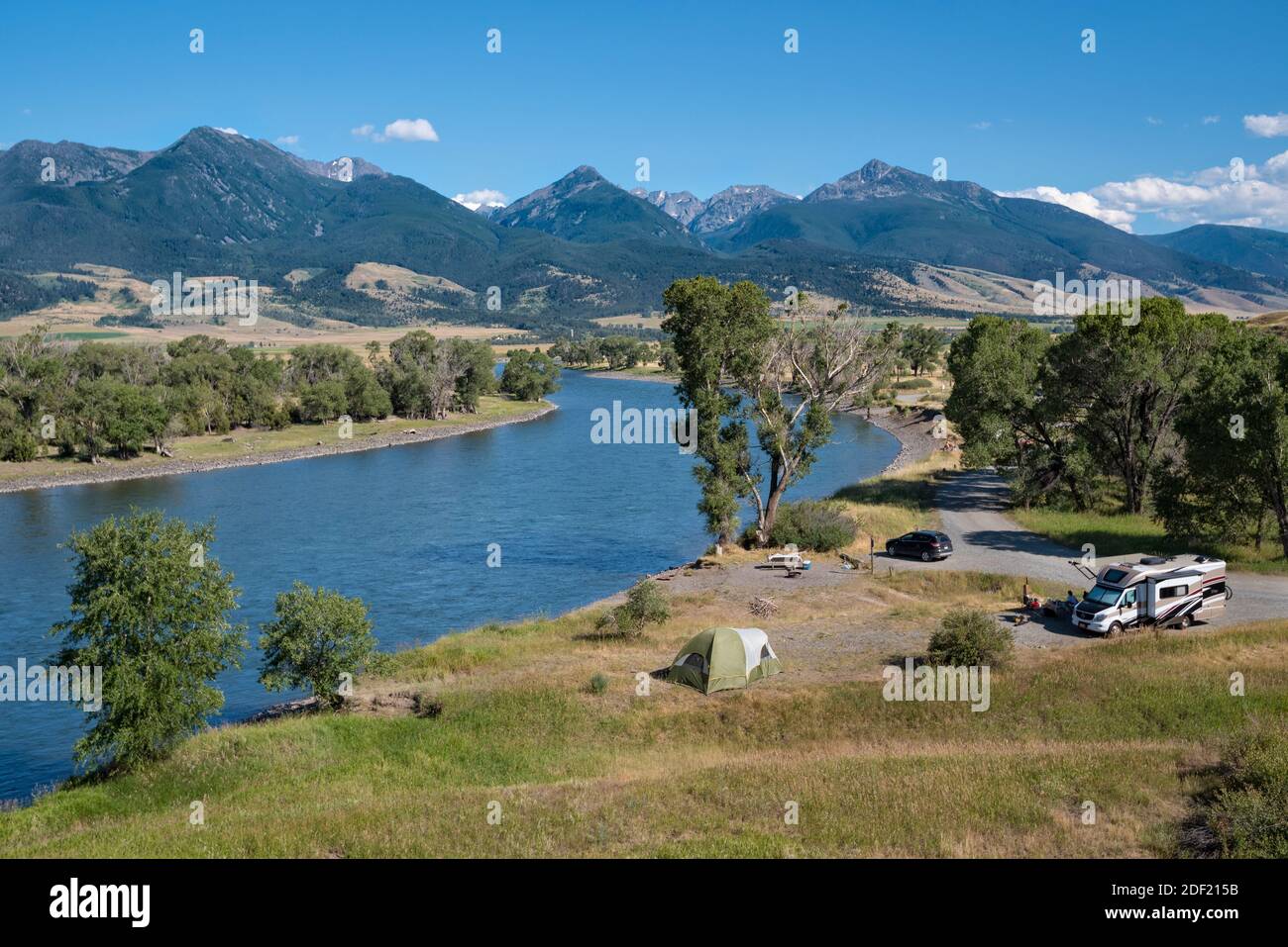 Camping on the Yellowstone River at Mallards Rest Fishing Access in Paradise Valley, Montana. Stock Photo