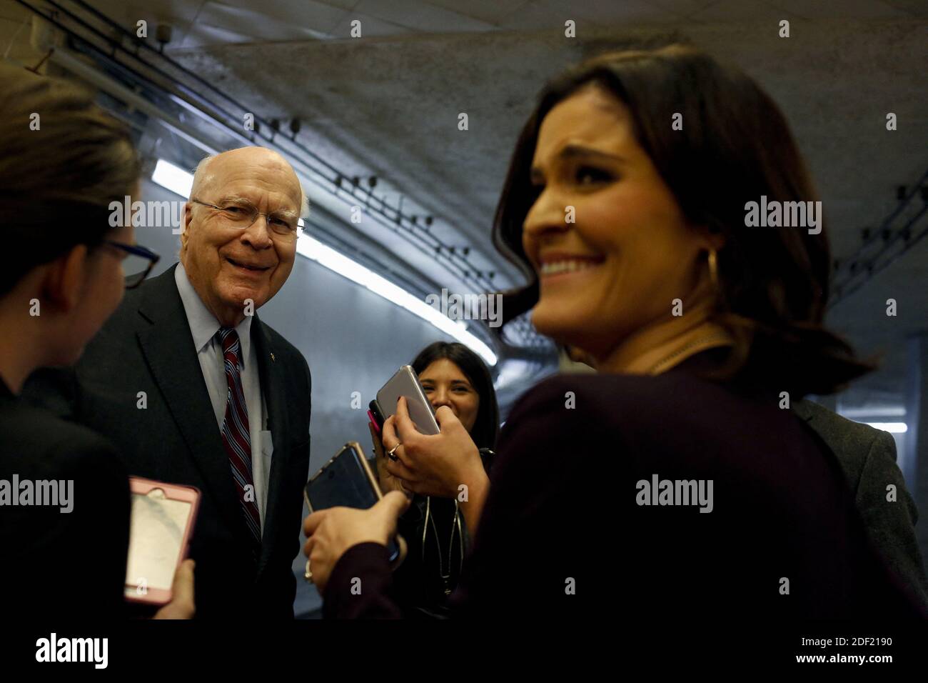 Senior U.S. Senator Patrick Leahy, a Democrat from Vermont, shares a laugh with reporters during a break from the impeachment trial at the U.S. Capitol in Washington, DC, USA on Thursday, January 30, 2020. Photo by Joshua Lott/CNP/ABACAPRESS.COM Stock Photo