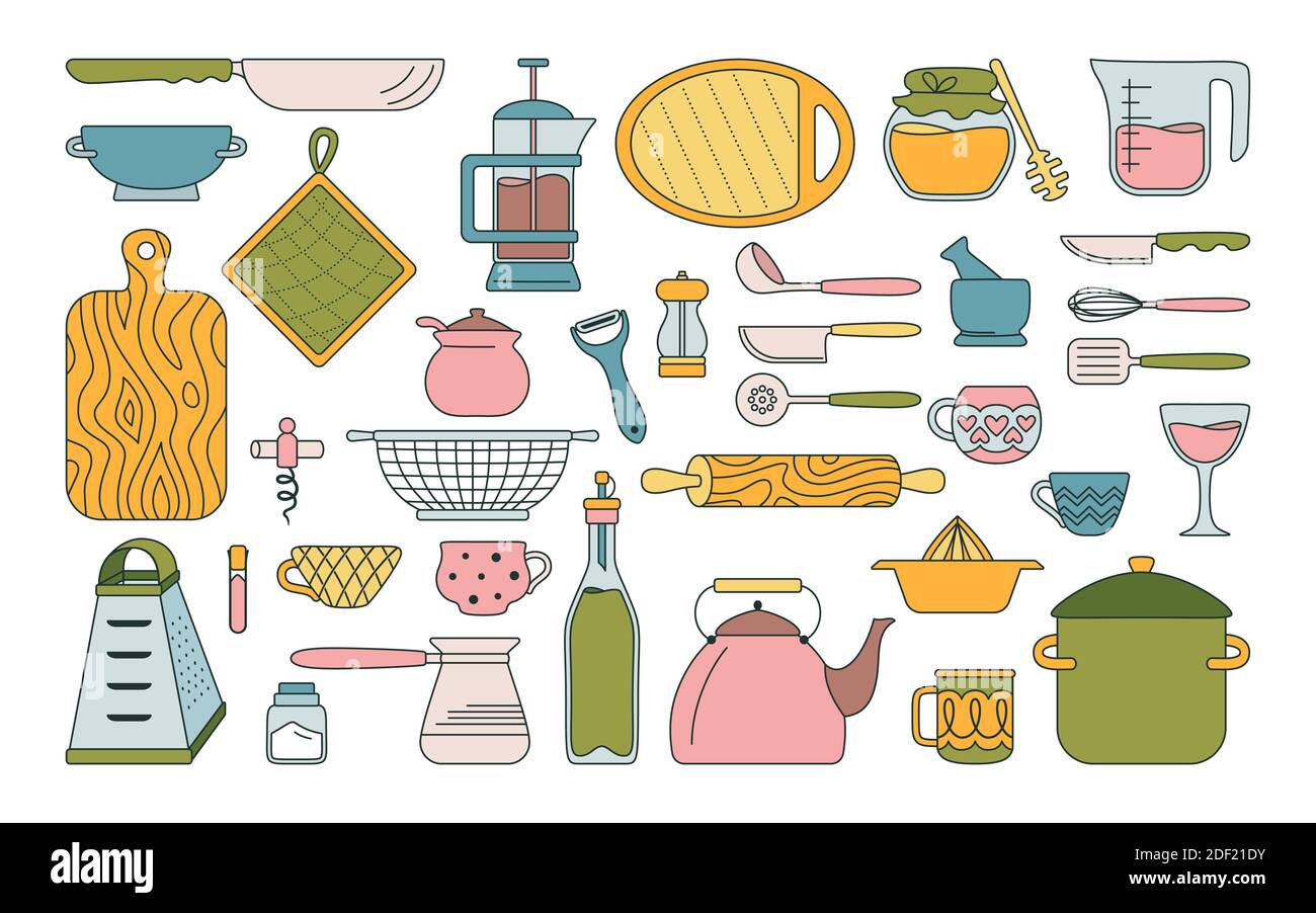 Cookware kitchen tools line set. Baking tools cartoon dishes