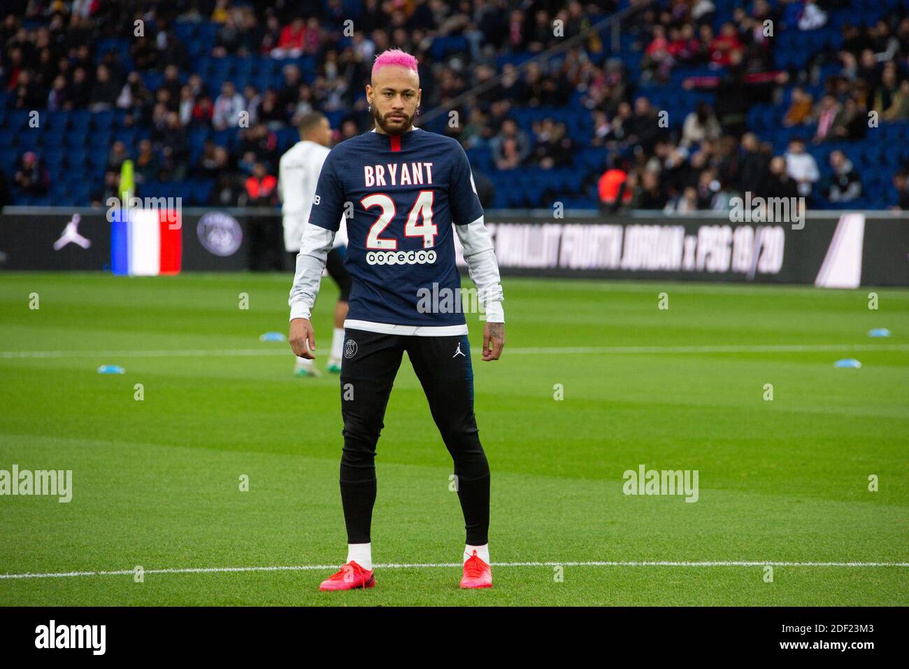 Neymar da Silva Santos wears a PSG jersey reading the name of late basket  ball player Kobe Bryant during warming ahead of Ligue 1 Paris Saint-Germain  (PSG) v Montpellier Herault SC football