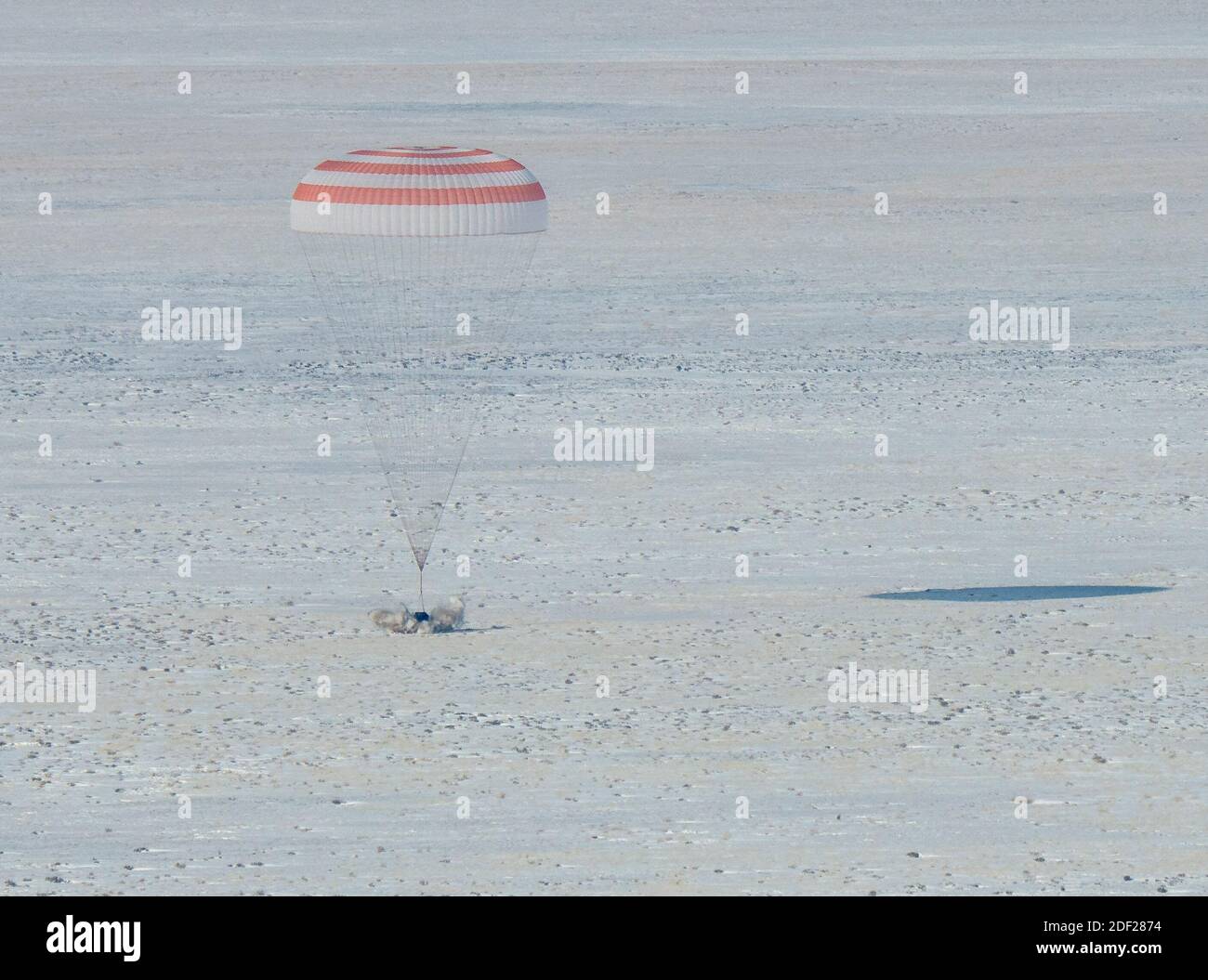 The Soyuz MS-13 spacecraft is seen as it lands in a remote area near the town of Zhezkazgan, Kazakhstan with Expedition 61 crew members Christina Koch of NASA, Alexander Skvortsov of the Russian space agency Roscosmos, and Luca Parmitano of ESA (European Space Agency) Thursday, Feb. 6, 2020. Koch returned to Earth after logging 328 days in space --- the longest spaceflight in history by a woman --- as a member of Expeditions 59-60-61 on the International Space Station. Skvortsov and Parmitano returned after 201 days in space where they served as Expedition 60-61 crew members onboard the statio Stock Photo