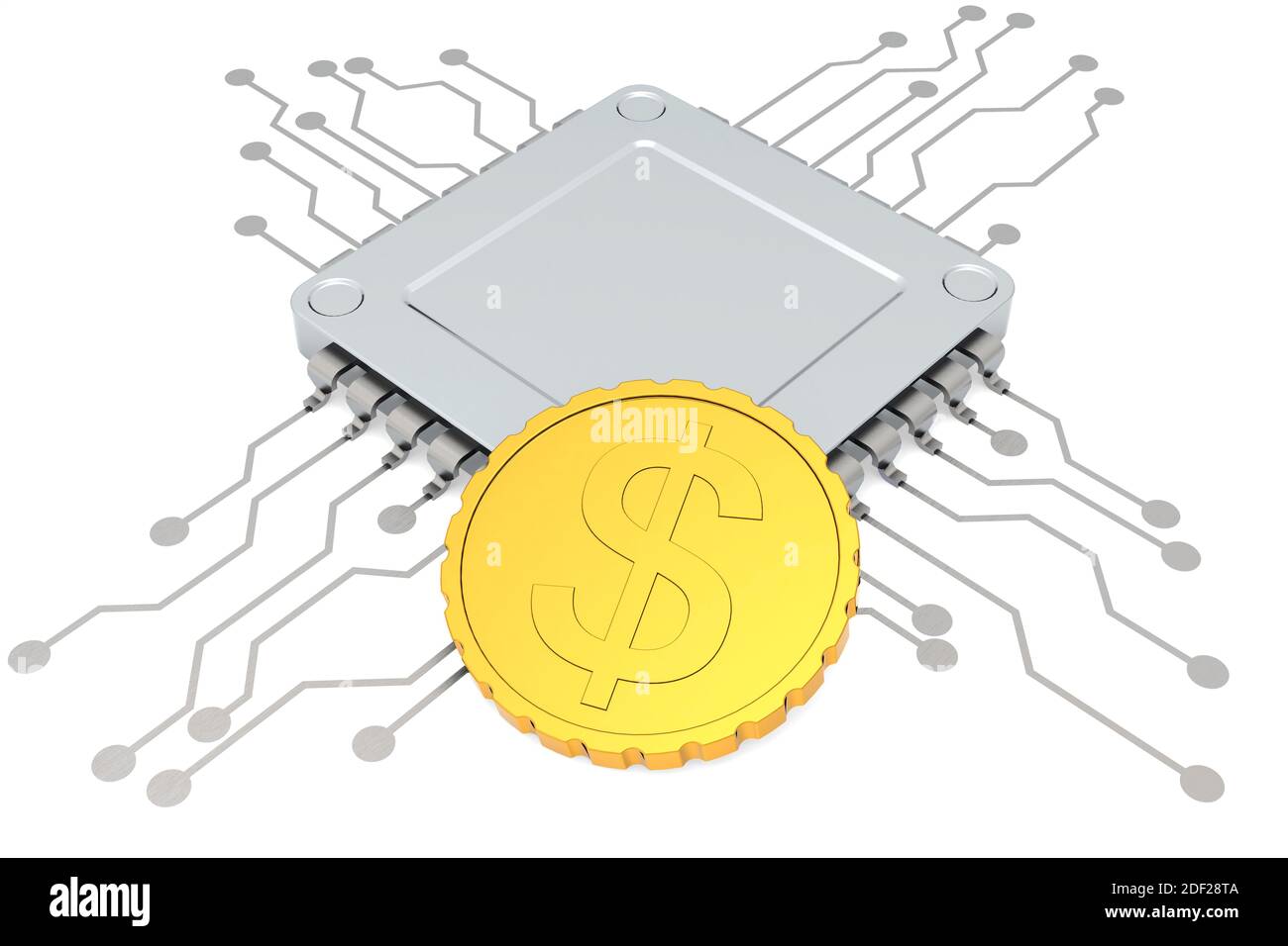 Computer chip and golden coin isolated, 3d rendering Stock Photo