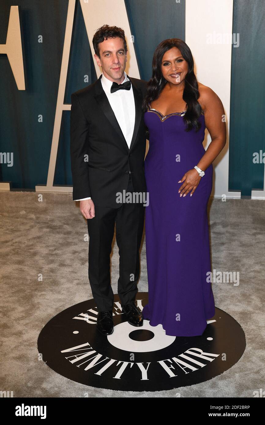 B. J. Novak and Mindy Kaling attending the Vanity Fair Oscar party at