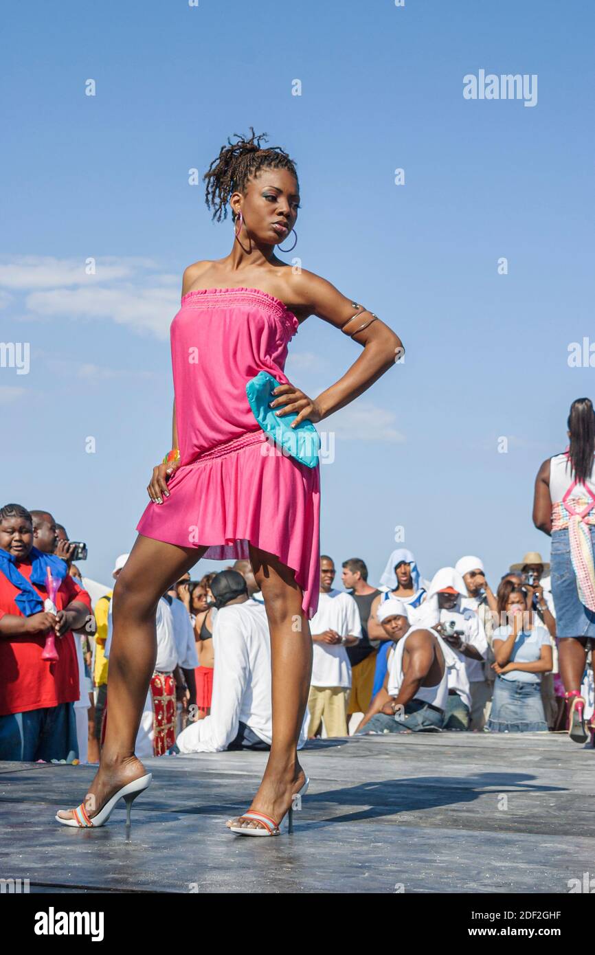 Miami Beach Florida,South Beach,Ocean Drive,Hip Hop Memorial Day Weekend Black African Africans crowd,fashion show,model woman female runway, Stock Photo