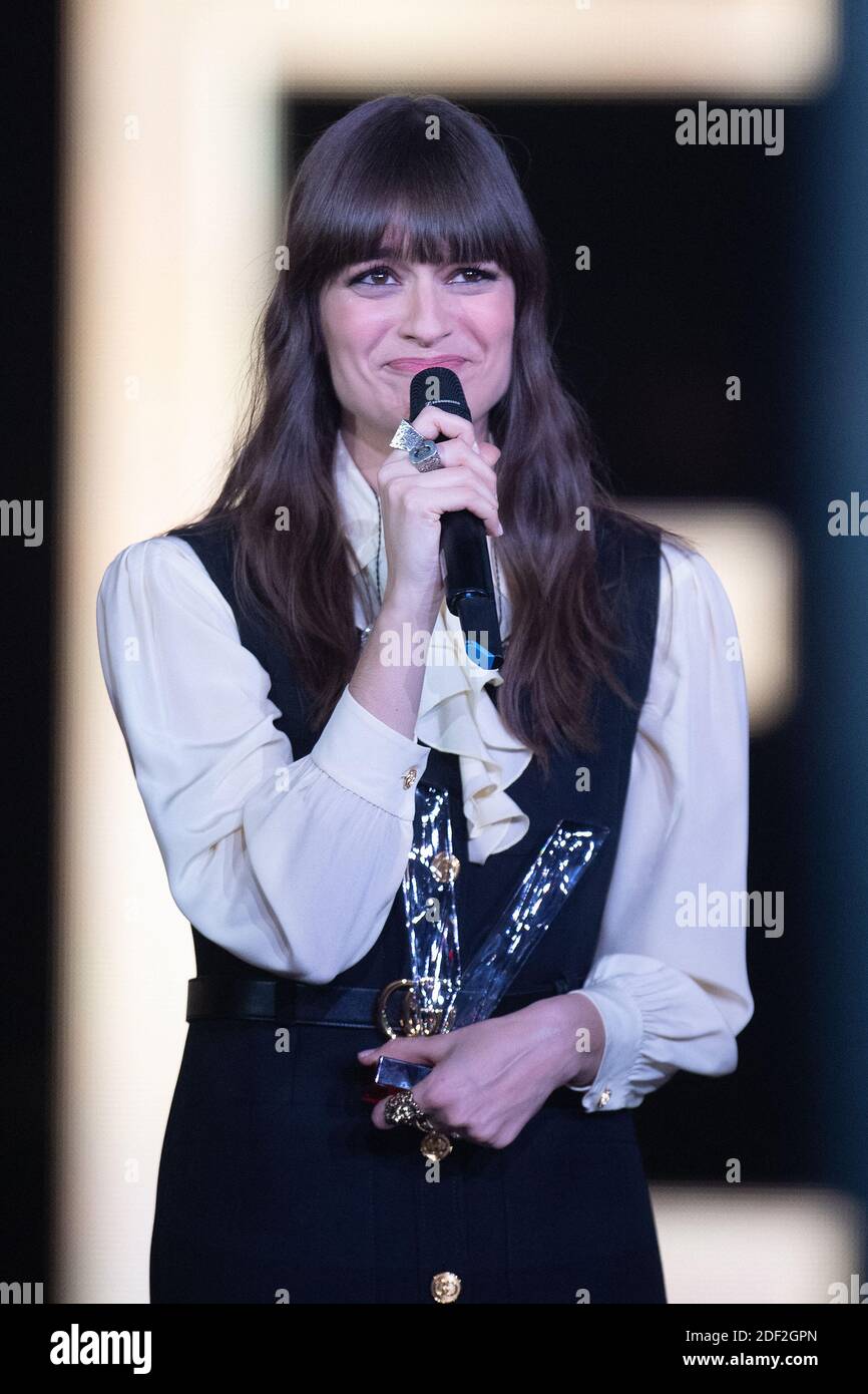 Clara Luciani celebrates after receiving the award for Female artist of the  year during the 35th Victoires de la Musique at la Seine Musicale on  February 14 2020 in Boulogne-Billancourt, France. Photo