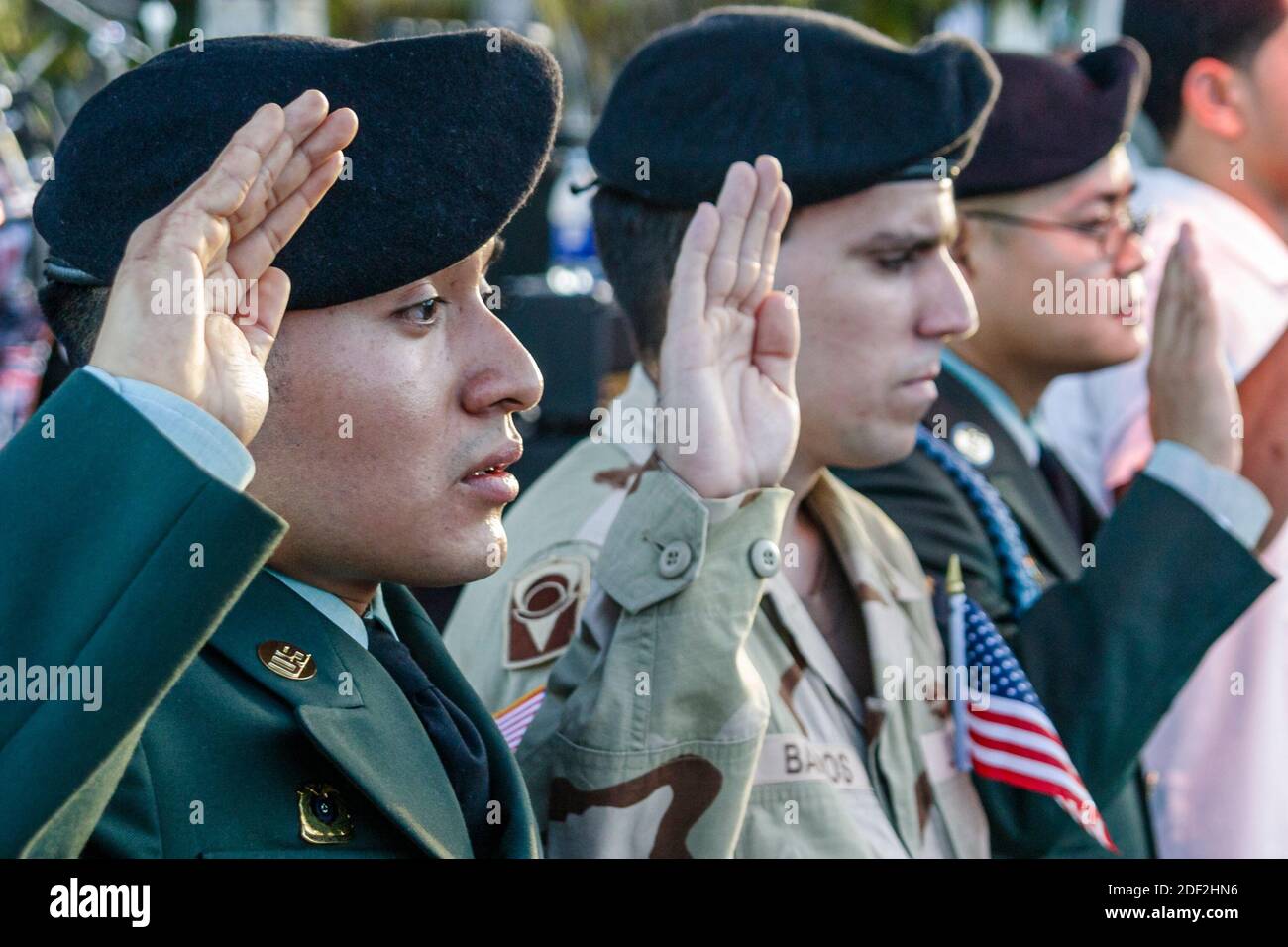 Miami Beach Florida,Ocean Drive,Lummus Park,4th of July Celebration citizenship ceremony naturalization swearing in,military personnel soldiers Asian Stock Photo
