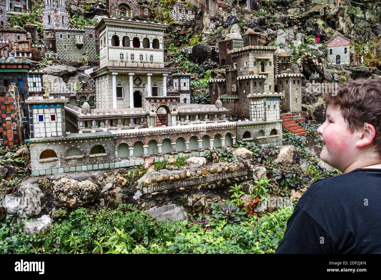 Alabama Cullman Ave Maria Grotto,miniature replicas biblical structures world famous buildings,Temple of Jerusalem boy looks looking, Stock Photo