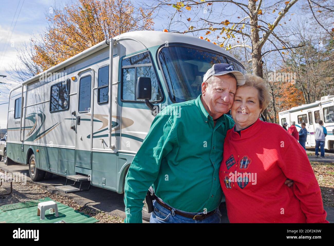 Alabama Valley Head,Sequoyah Caverns Campground recreational vehicle RV,campers active senior seniors couple man woman female women hugging, Stock Photo