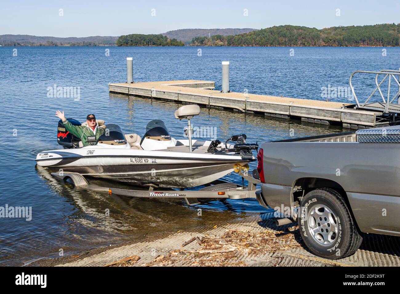 Alabama Lake Guntersville State Park launching bass boat trailer water, Stock Photo
