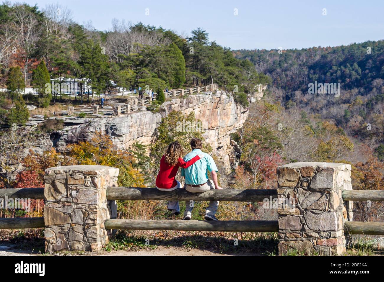 Alabama Lookout Mountain Little River Canyon National Preserve,nature natural scenery late fall,ranger uniform visiting couple man woman female overlo Stock Photo