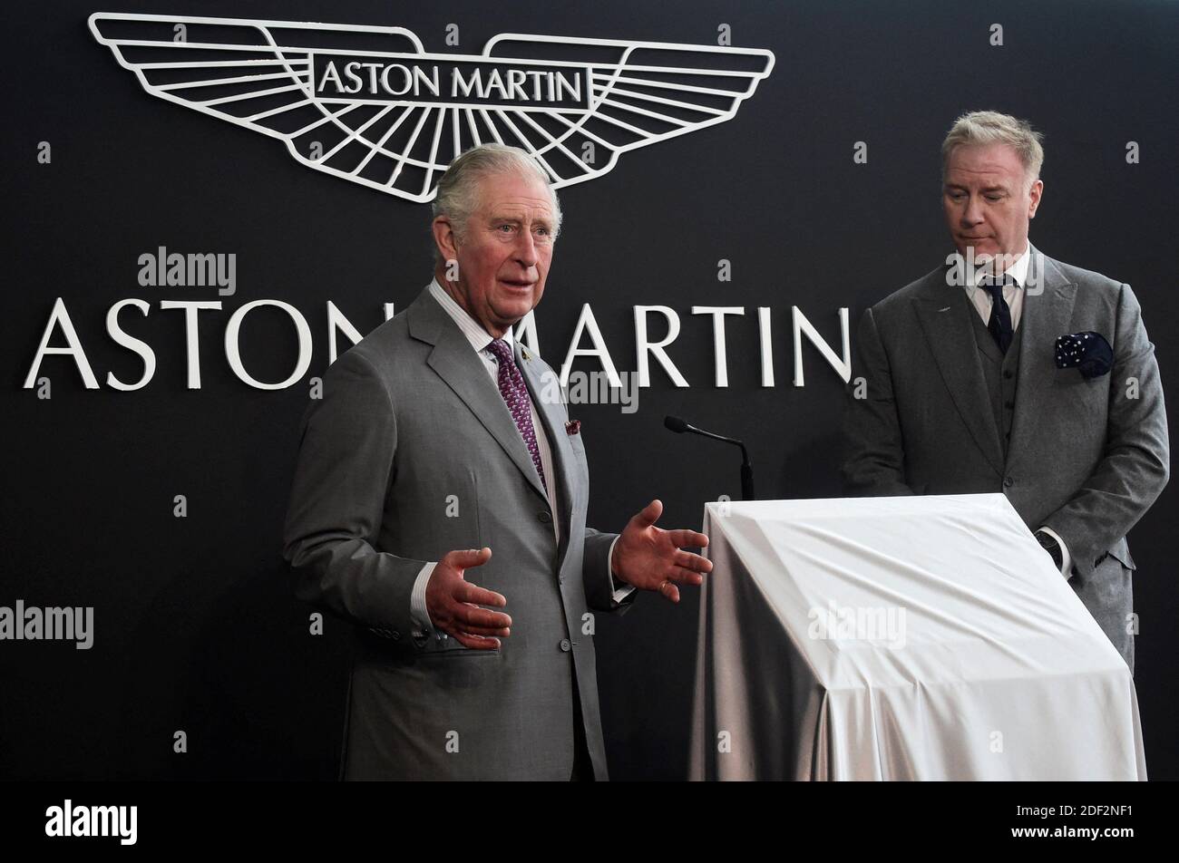 The Prince of Wales with Aston Martin Lagonda's Marek Reichman, EVP and Chief Creative Officer, speaks at the new Aston Martin Lagonda factory in Barry, Wales, UK on February 21, 2020. Photo by Rebecca Naden/PA Photos/ABACAPRESS.COM Stock Photo