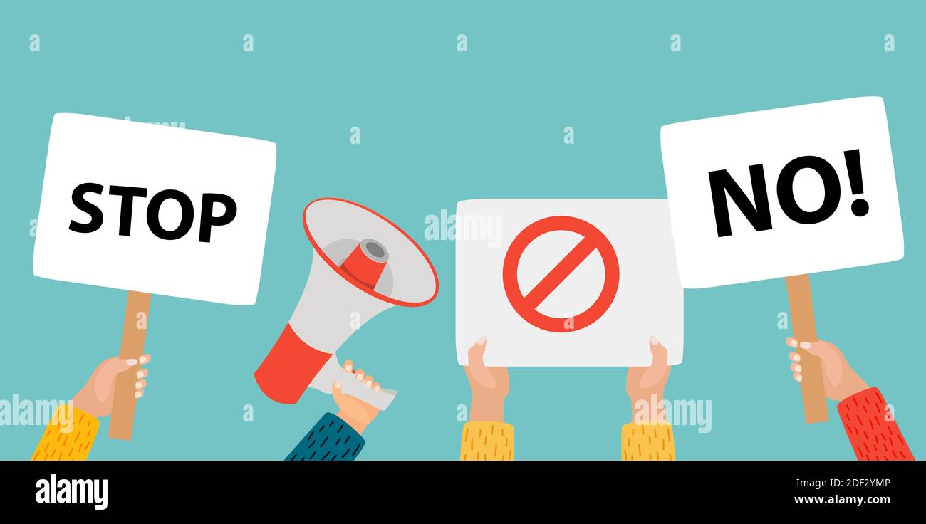 People Hands holding blank placard, protests banners, empty vote signs.  Illustration Stock Photo