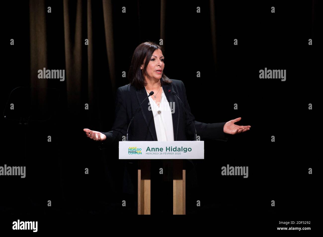 Paris Mayor and candidate for re-election Anne Hidalgo gestures as she delivers a speech during a campaign meeting at the Elysee Montmartre venue in Paris, on February 26, 2020, ahead of March 2020 mayoral elections in France. Photo by Eliot Blondet/ABACAPRESS.COM Stock Photo