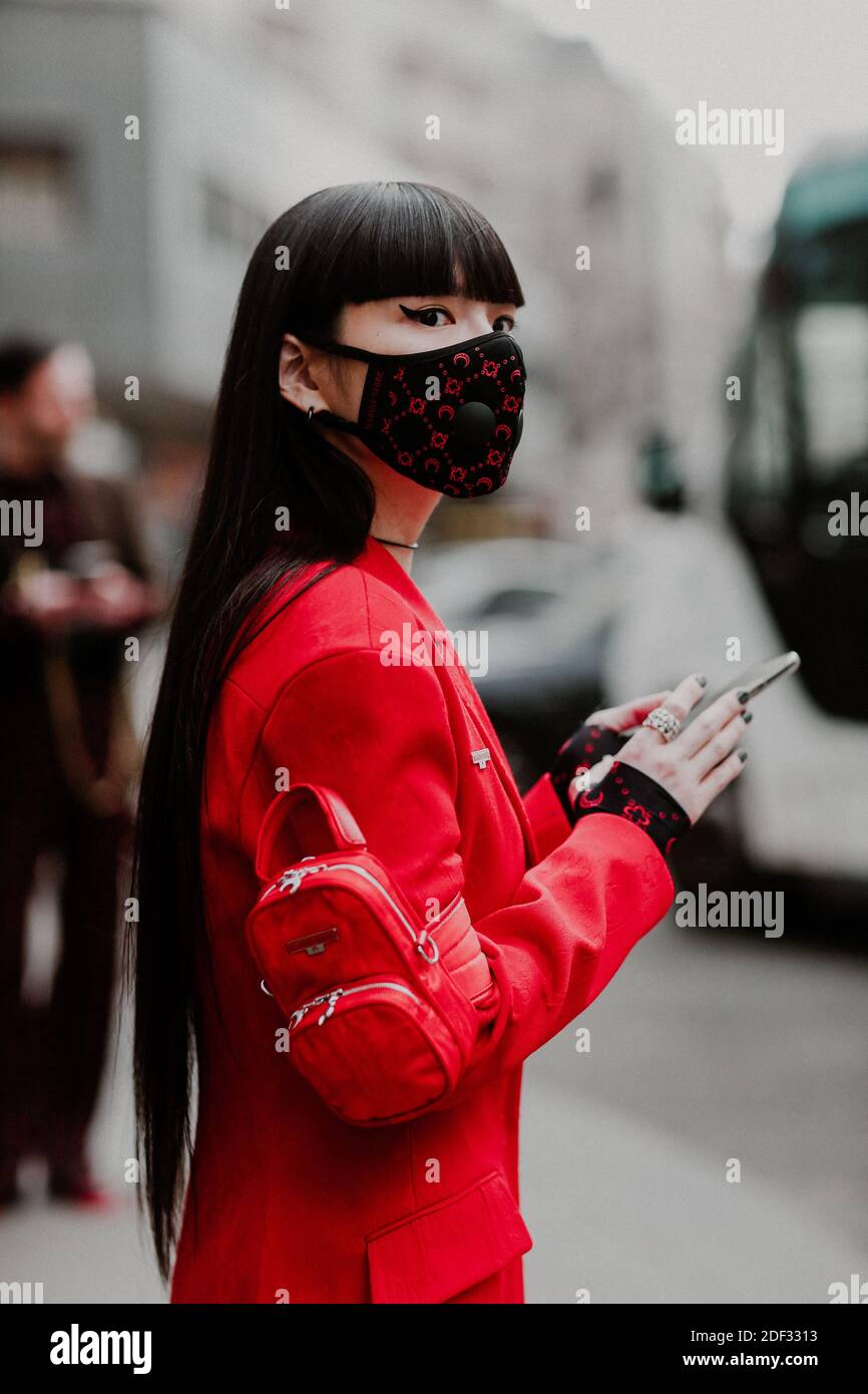 Street style, Kozue Akimoto arriving at Marine Serre Fall Winter 2020