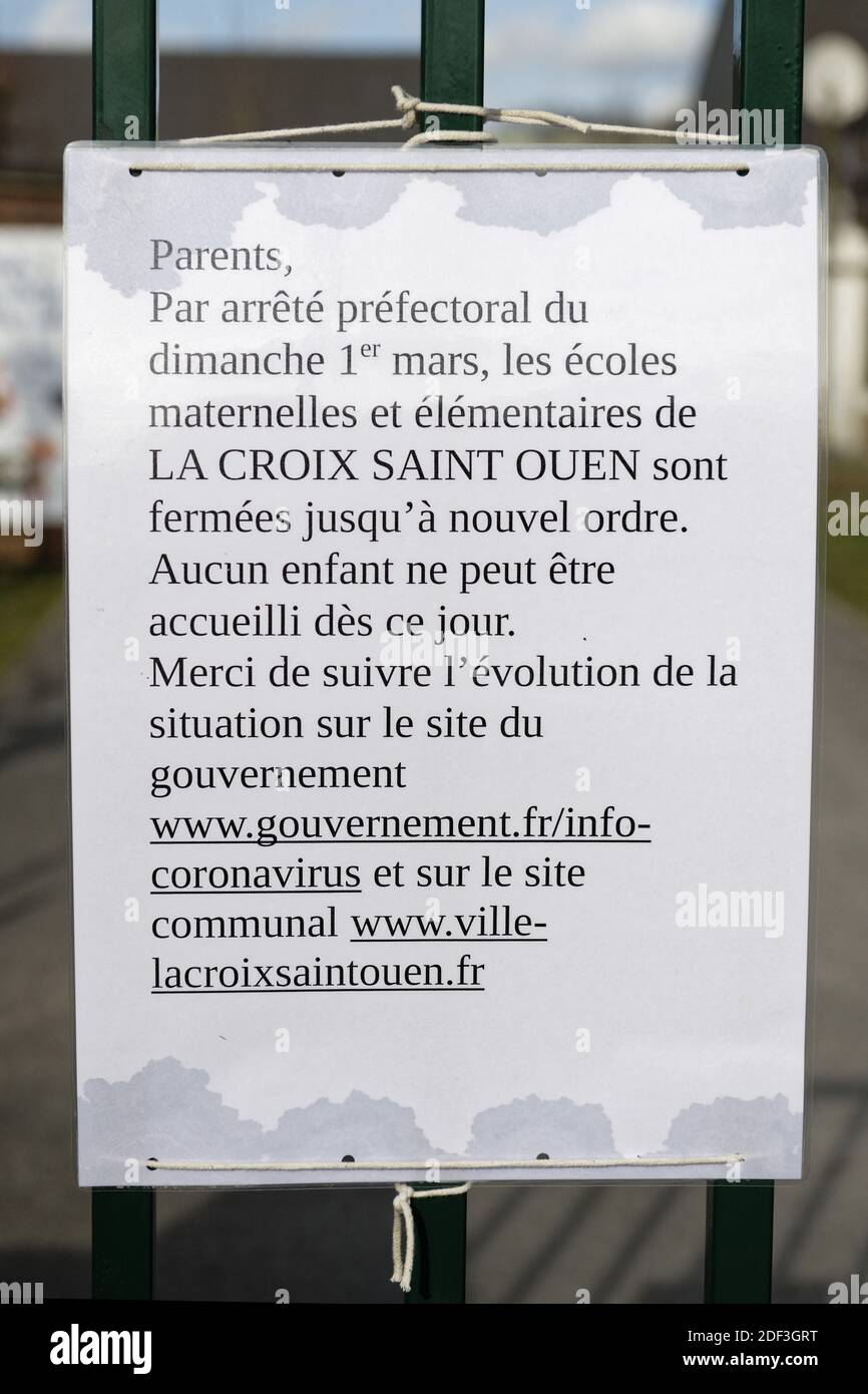 Closing of the Groupe Scolaire des Bruyeres - Jacques Bontempsin the Oise departement, north of Paris, France on March 2020. High-profile events have been cancelled, some schools have closed, and all school trips abroad have been suspended in France in a bid to stop the spread of the coronavirus Covid-19 epidemic. Meetings in the Oise department - one of the major epicentres of the virus in France - have been banned, as have any “gatherings of more than 5,000 people in a confined space”. Photo by Edouard Bernaux/ABACAPRESS.COM Stock Photo