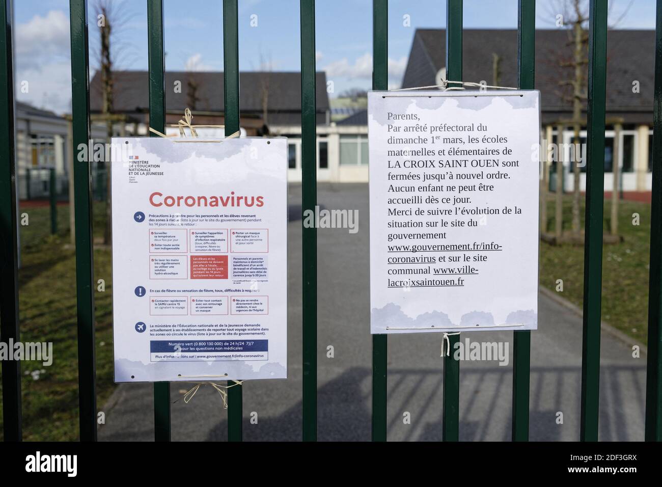 Closing of the Groupe Scolaire des Bruyeres - Jacques Bontempsin the Oise departement, north of Paris, France on March 2020. High-profile events have been cancelled, some schools have closed, and all school trips abroad have been suspended in France in a bid to stop the spread of the coronavirus Covid-19 epidemic. Meetings in the Oise department - one of the major epicentres of the virus in France - have been banned, as have any “gatherings of more than 5,000 people in a confined space”. Photo by Edouard Bernaux/ABACAPRESS.COM Stock Photo