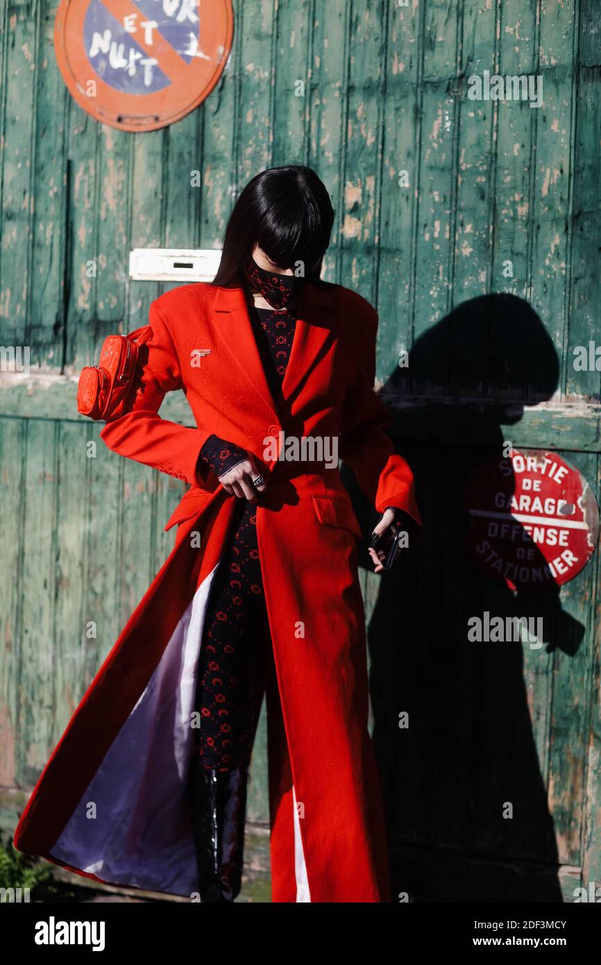 Street style, Kozue Akimoto arriving at Marine Serre Fall Winter 2020