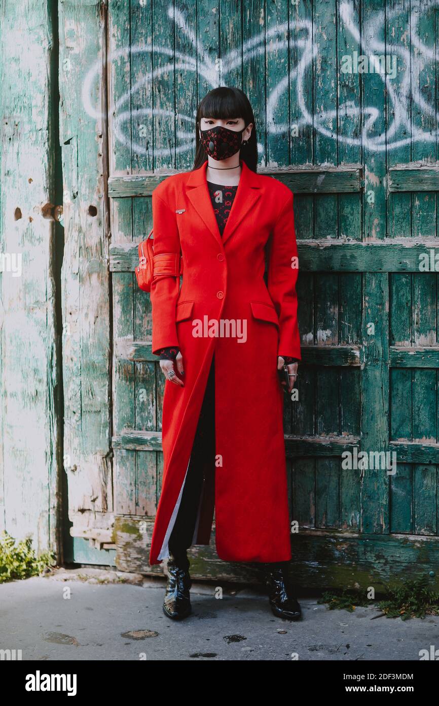 Street style, Kozue Akimoto arriving at Marine Serre Fall Winter 2020