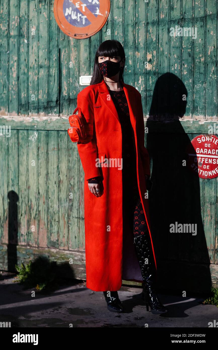Street style, Kozue Akimoto arriving at Marine Serre Fall Winter 2020