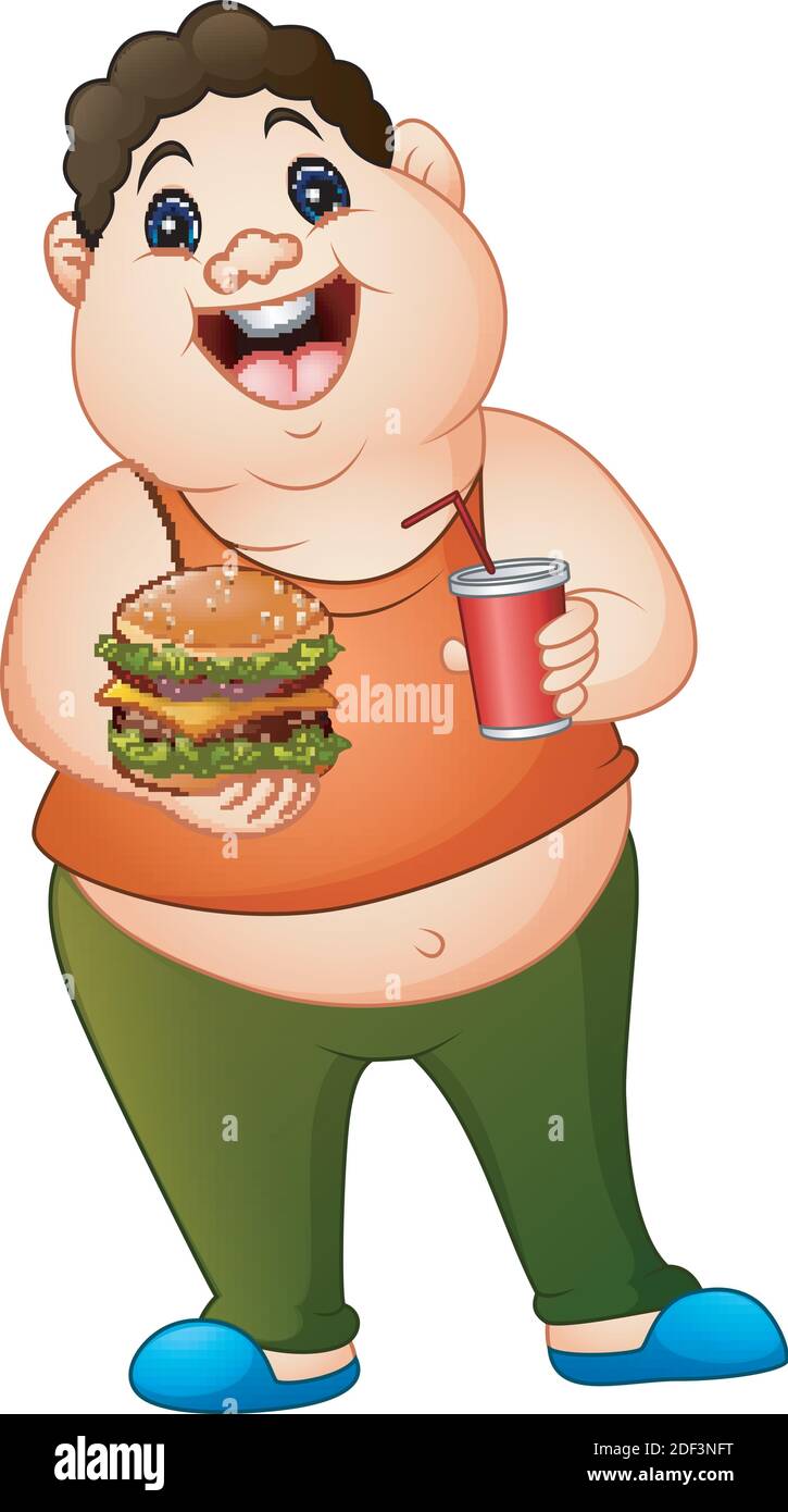 Vector illustration of Cartoon fat man holding a hamburger with drinking soda Stock Vector