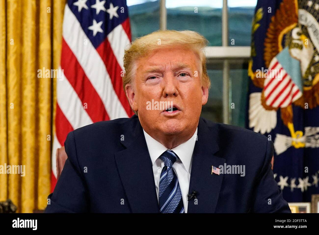 President Donald Trump addresses the Nation from the Oval Office about the widening coronavirus crisis, in Washington, DC, USA on Wednesday, March, 11, 2020. Photo by Doug Mills/The New York Times/Pool/ABACAPRESS.COM Stock Photo