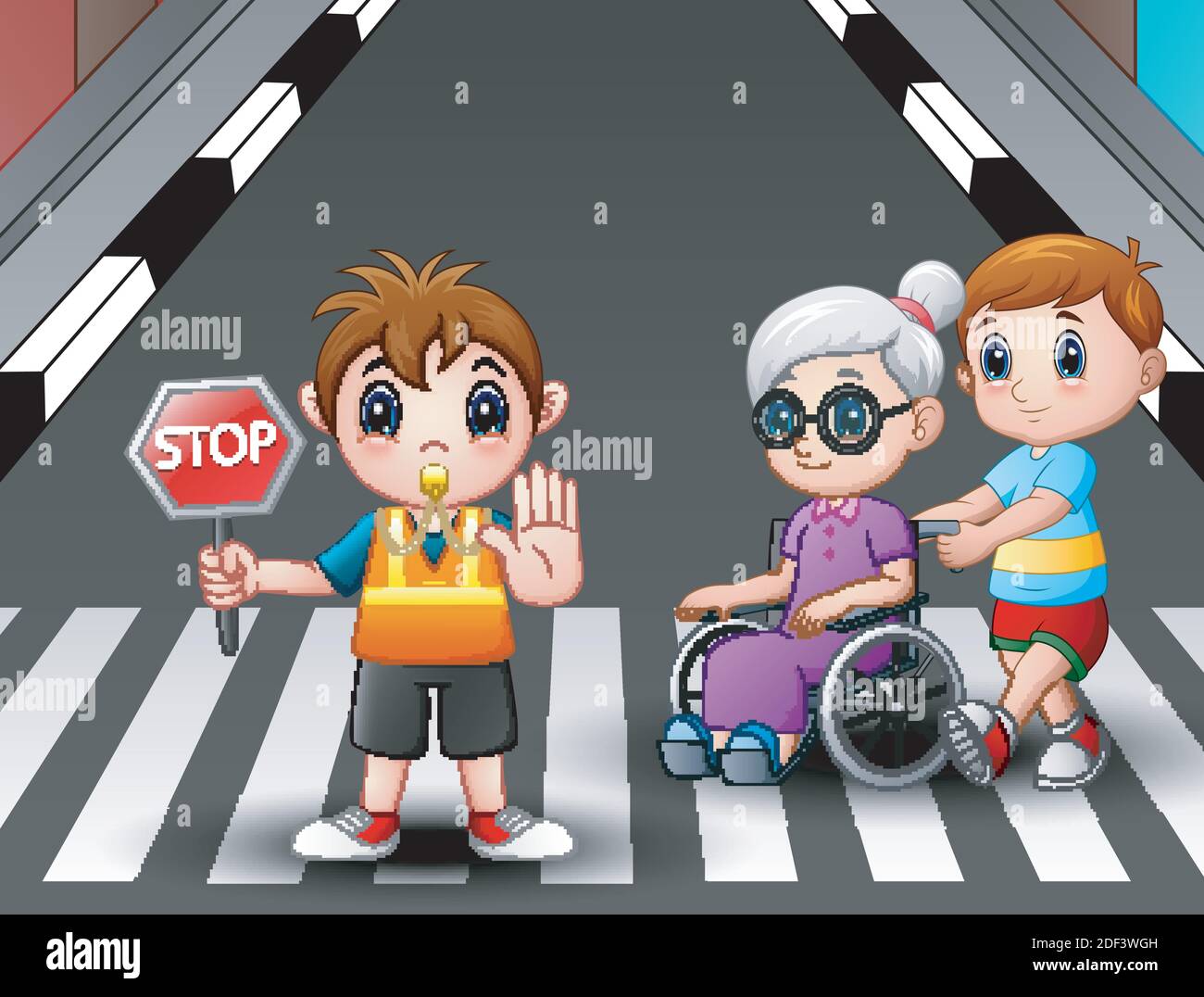 Vector illustration of Cartoon flagger and boy helps grandma in wheelchair crossing the street Stock Vector