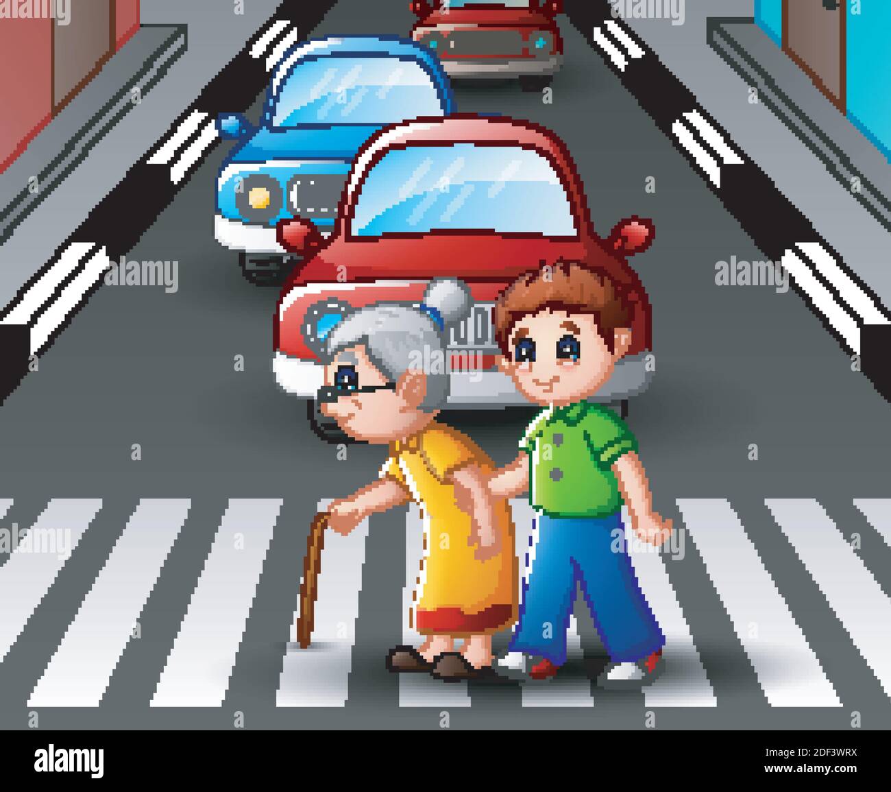 Vector illustration of Cartoon boy helps grandma crossing the street Stock Vector