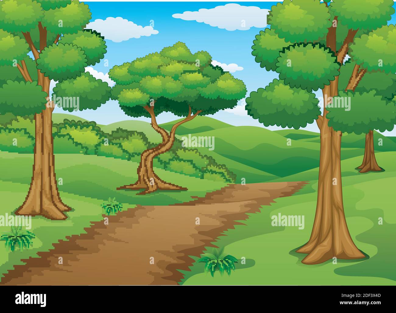 Vector illustration of Forest scene with dirt trail Stock Vector Image
