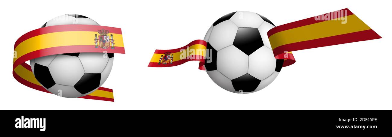 balls for soccer, classic football in ribbons with colors Spain flag. Design element for football competitions. Spain national team. Isolated vector o Stock Vector