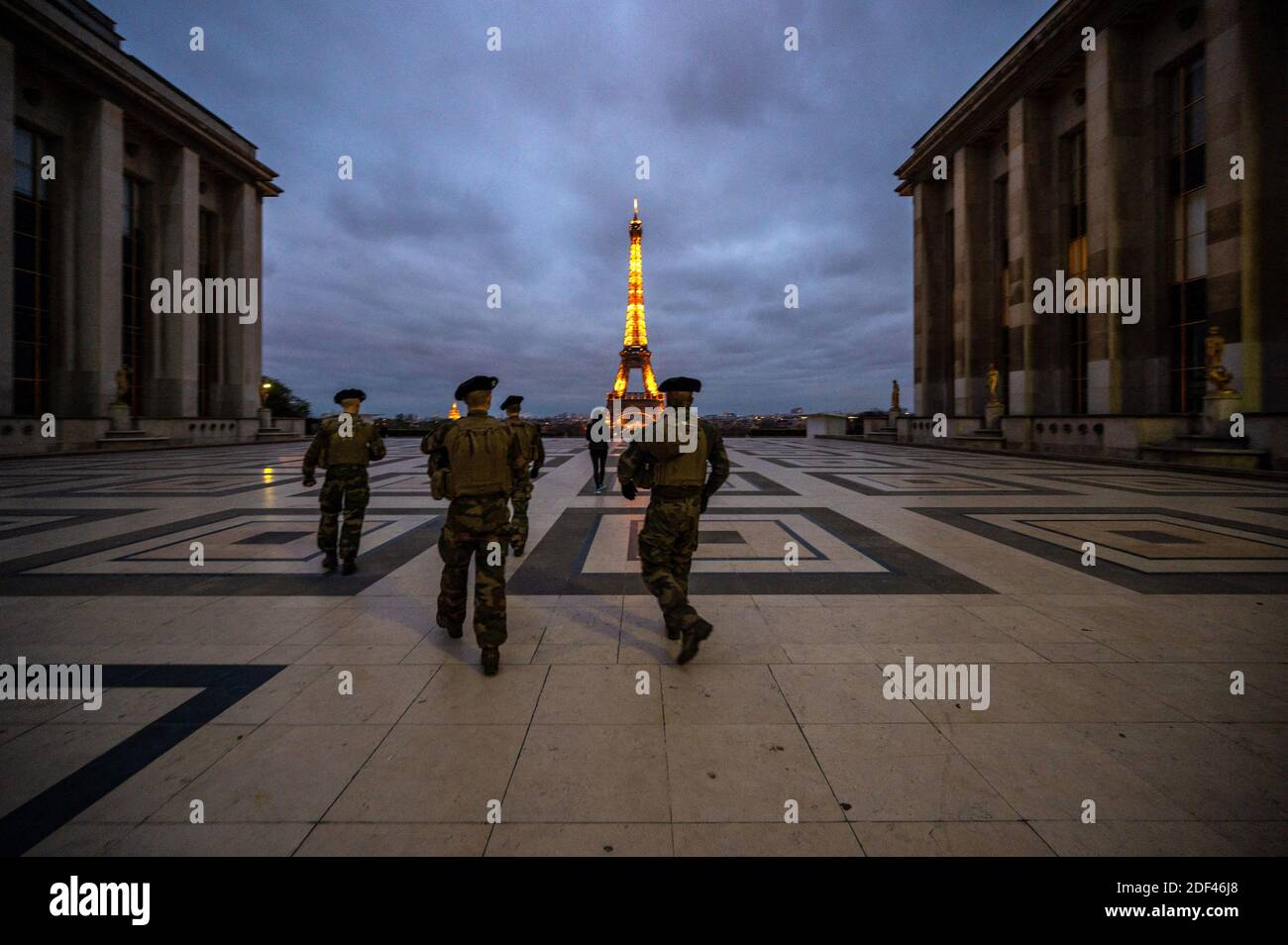 Soldiers patrolling place du Trocadero, facing Eiffel Tower, on fifth day of lockdown to avoid COVID-19 spread, in Paris, France, on March 21, 2020. Photo by Ammar Abd Rabbo/ABACAPRESS.COM Stock Photo