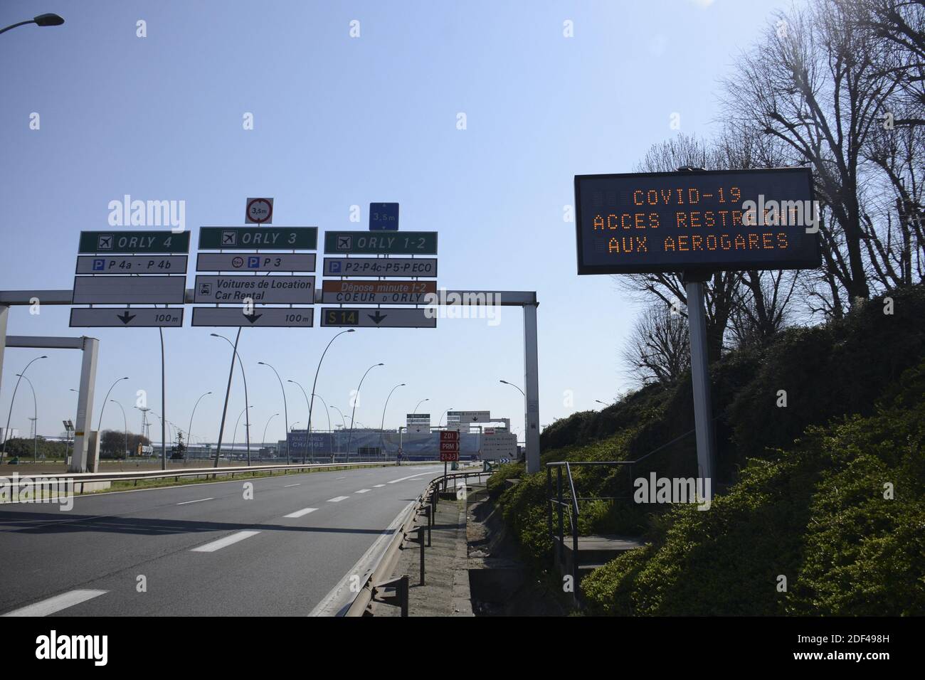An outside view of a deserted Orly airport near Paris, France on March 26,  2020 because of the coronavirus pandemic. Paris Orly airport is scheduled  to close to commercial flights on March