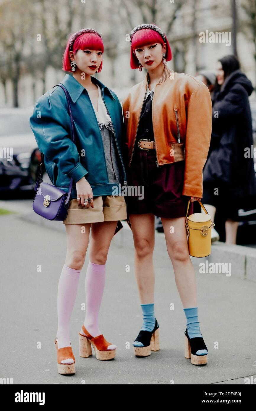 Street style, Ami and Aya Suzuki arriving at Miu Miu Fall Winter 2020 ...