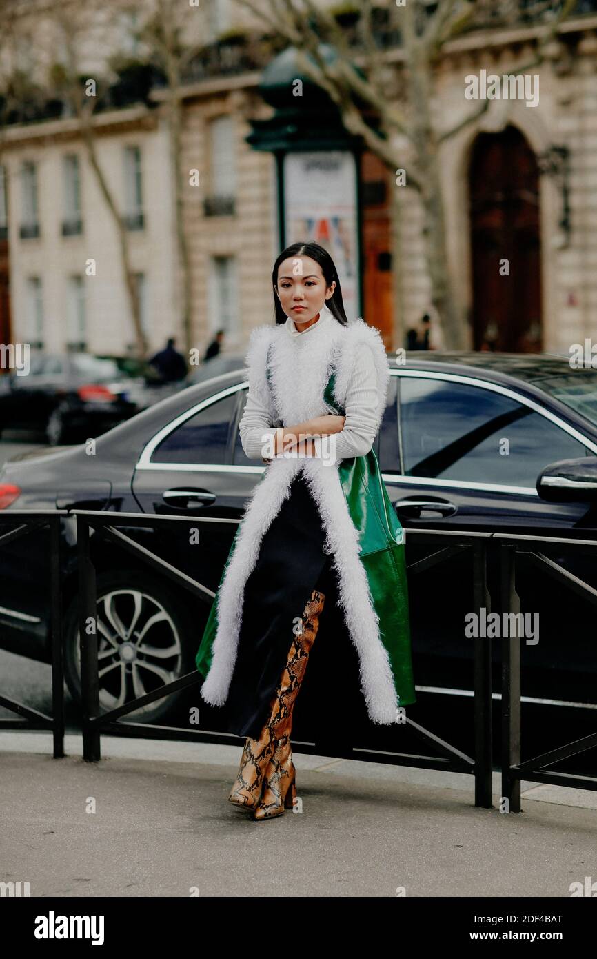 Street style, Yoyo Cao arriving at Miu Miu Fall Winter 2020-2021 show