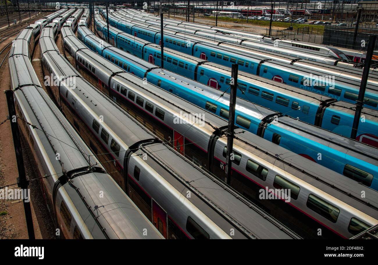 French Long Distances Trains Tgv And Ouigo Are Parked Near Gare De Lyon In Paris France