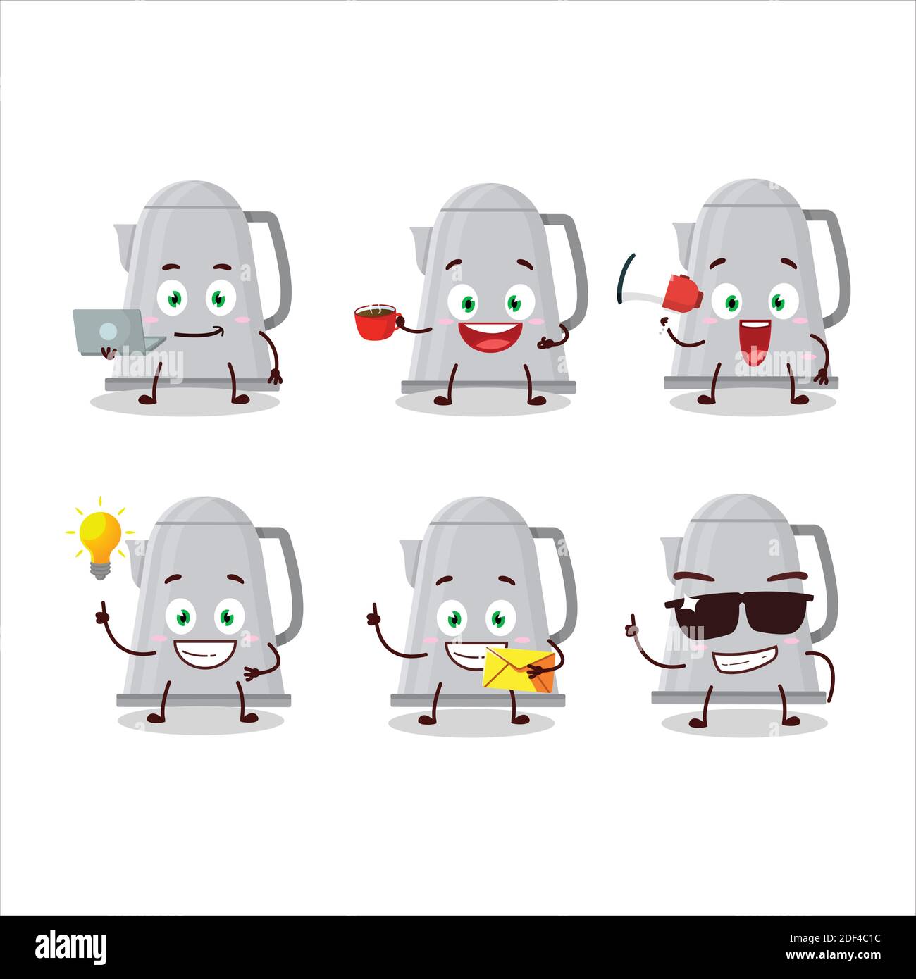 Electric kettle cartoon character with various types of business