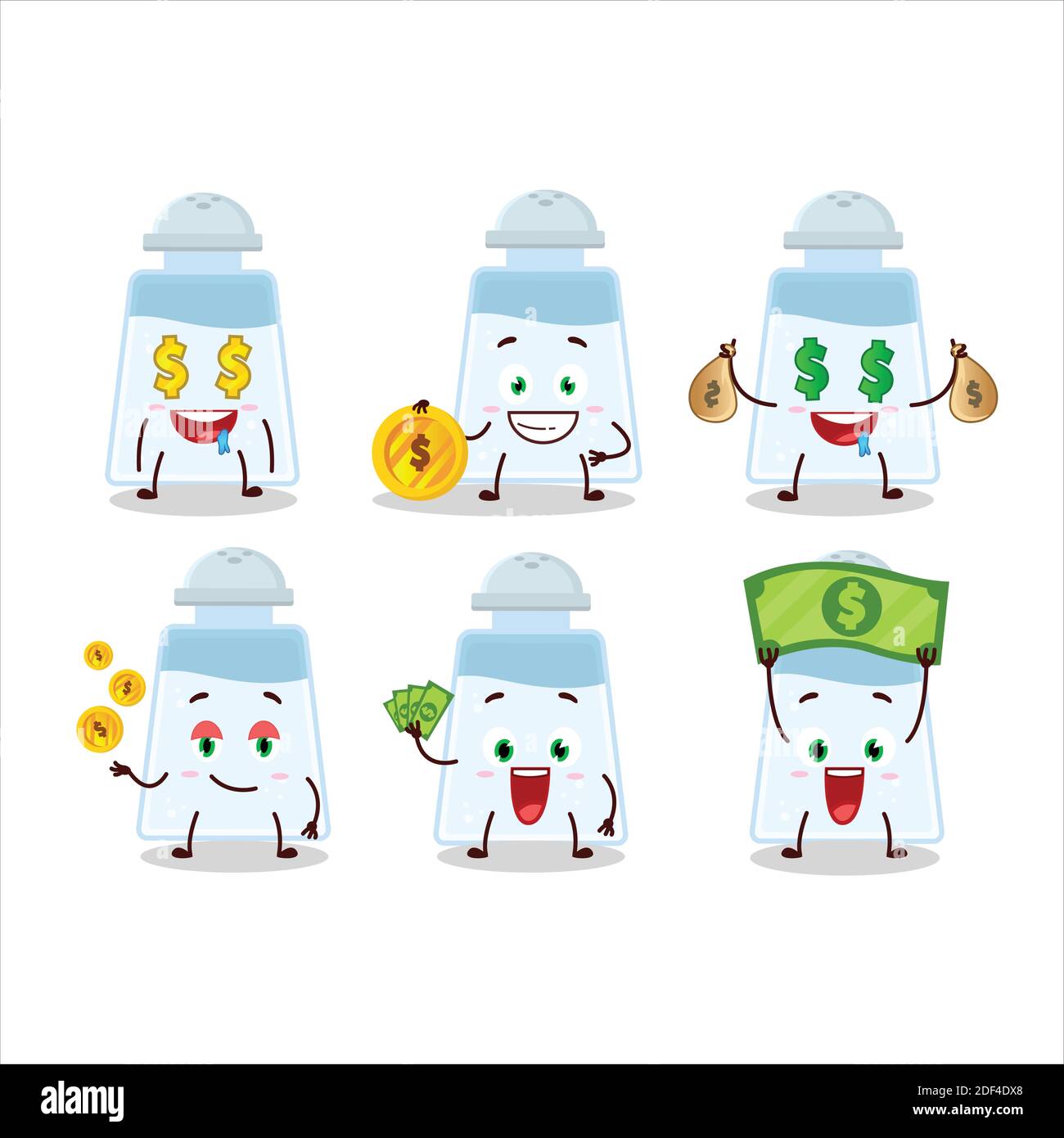 Salt shaker cartoon character with cute emoticon bring money. Vector