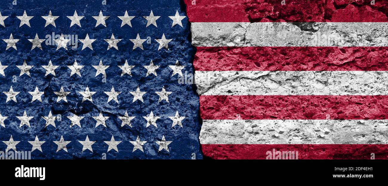 Divided American Politics and political divisiveness in the United States as government disagreement with a divided United States between the right. Stock Photo