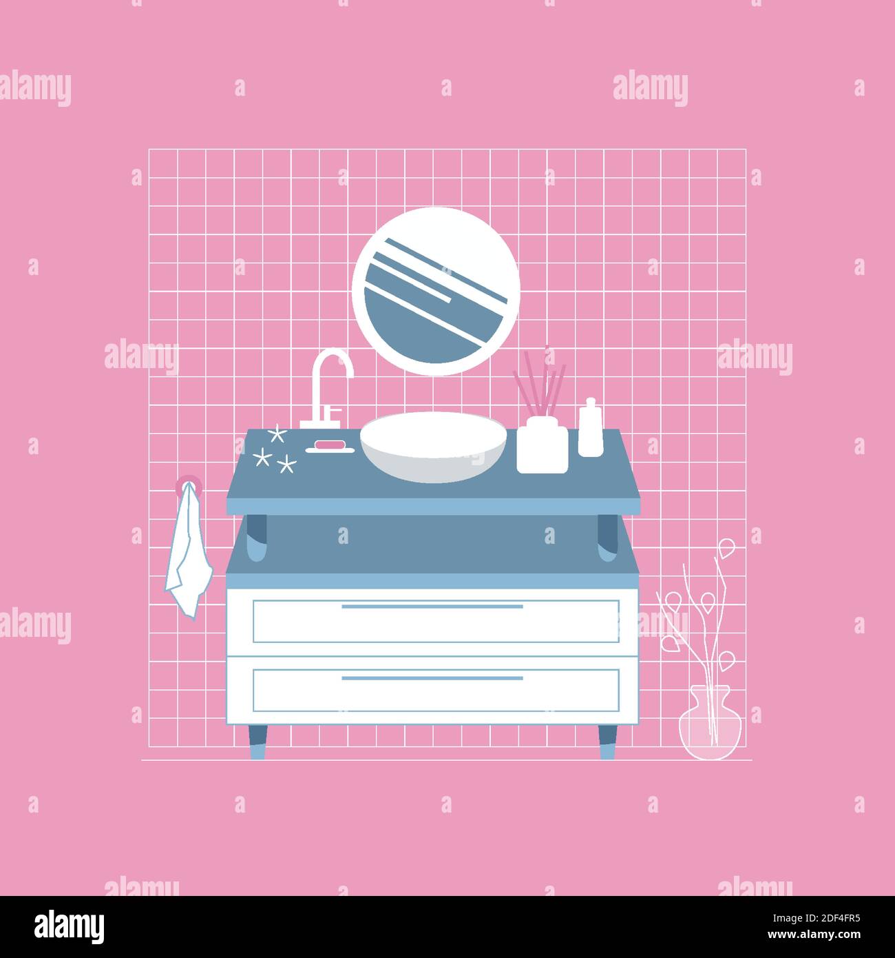 Modern white bathroom interior. Sink and circle mirror. Flat style on