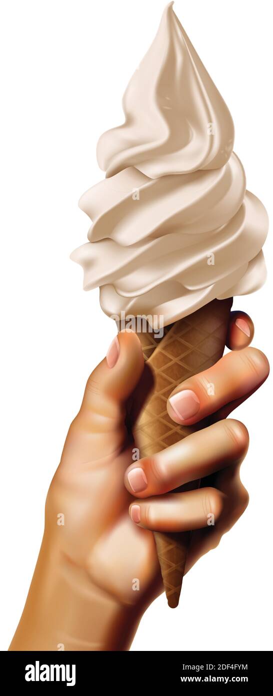 3d realistic vector hand holding frozen yogurt or soft ice cream in the wafer cone. Isolated on white background. Stock Vector