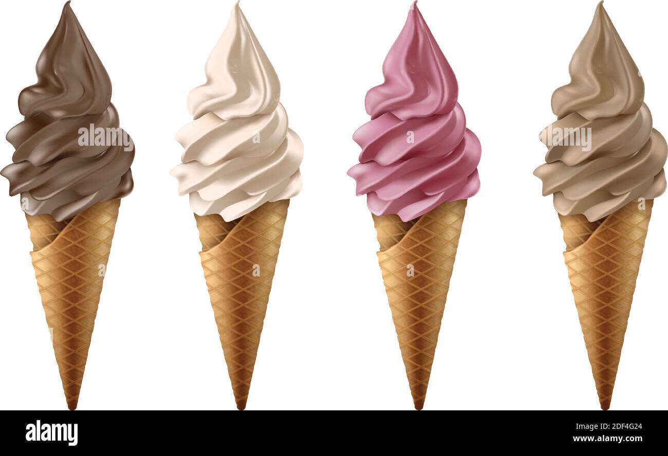 3d realistic vector collection of frozen yogurt or ice cream in chocolate, vanilla, strawberry and coffee flavor. Isolated on white background. Stock Vector