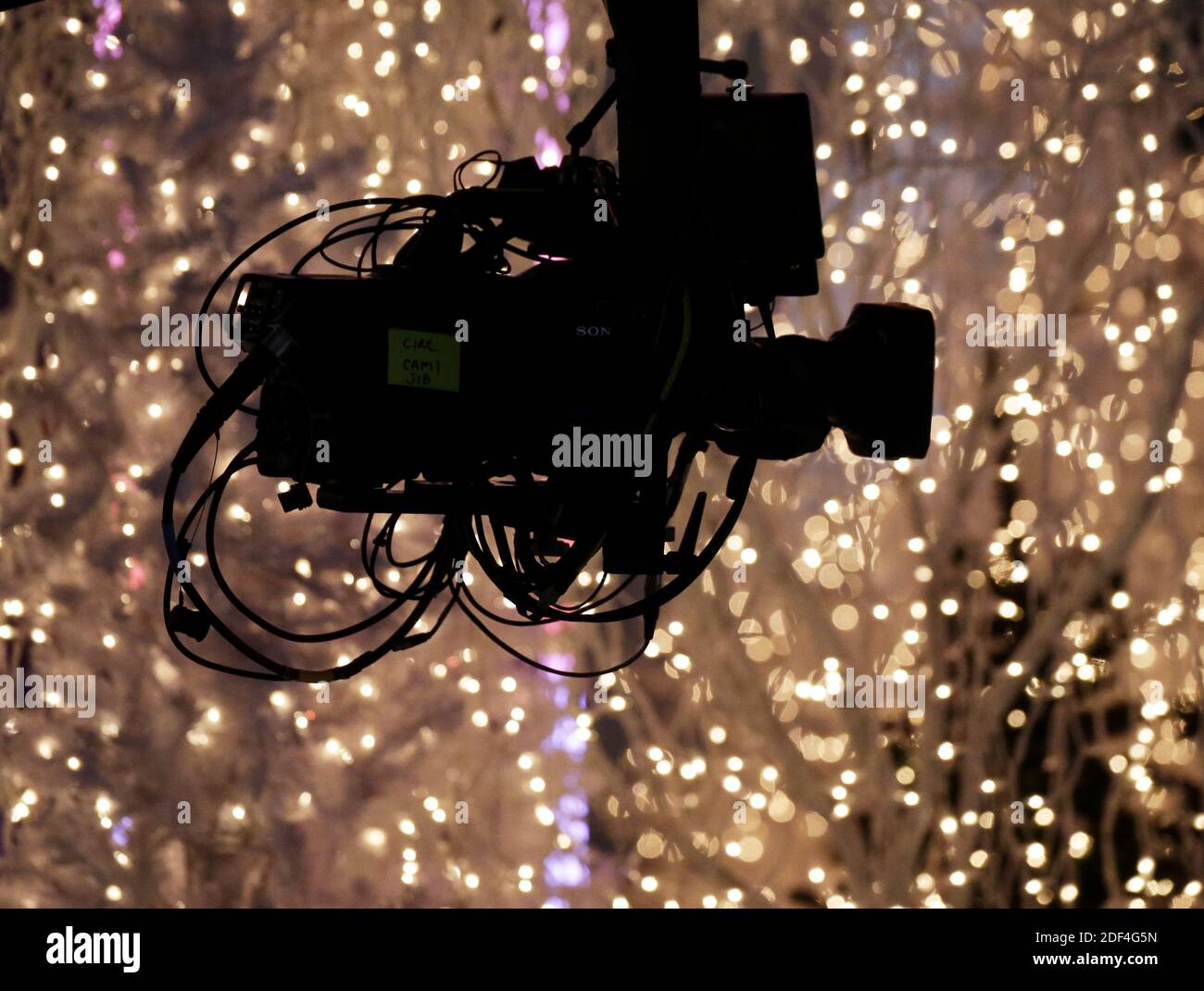 New York, United States. 03rd Dec, 2020. A camera films the recording of  the 88th annual Rockefeller Center Christmas Tree Lighting Ceremony at Rockefeller  Center in New York City on Wednesday, December