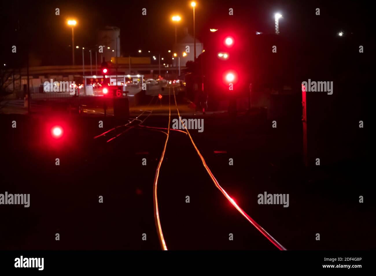Railway line and red signals, Picton, Marlborough, South Island, New Zealand Stock Photo