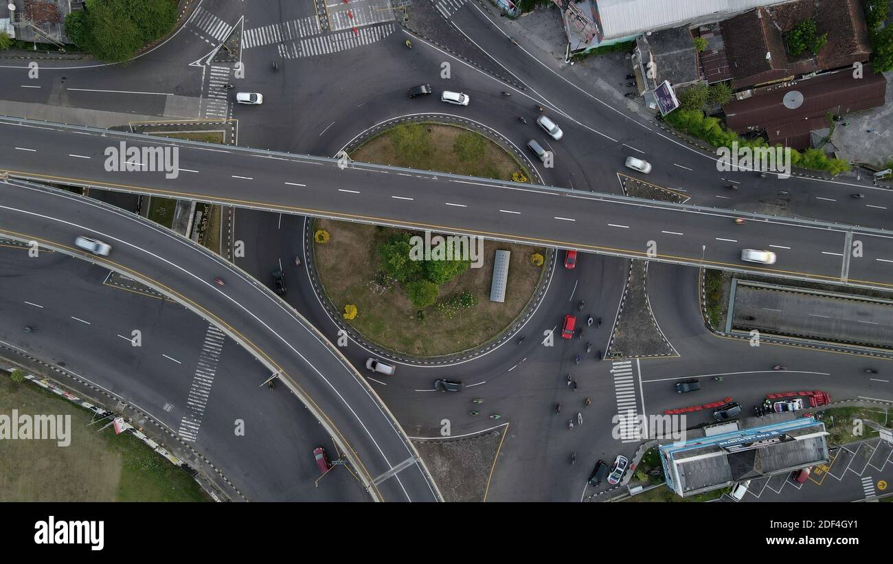 Aerial top view of the Jombor flyover in the morning. Yogyakarta ...