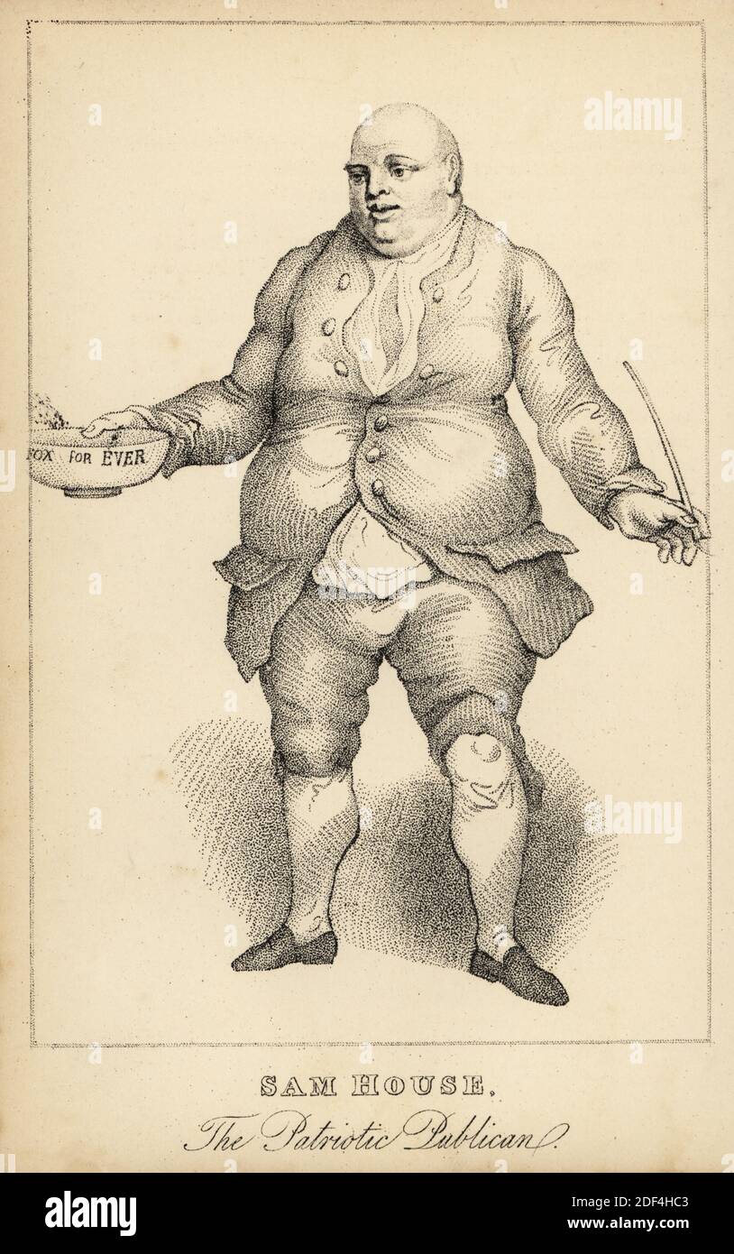 Sam House, the Patriotic Publican or Liberty Boy, died 1785. Ex-cooper and supporter of Whig politician Charles James Fox. He opened a pub called Intrepid Fox on Wardour Street. In black waistcoat and linen shirt, with bowl and tobacco pipe. Lithograph after a stipple engraving by Robert Cooper from Henry Wilson and James Caulfield’s Book of Wonderful Characters, Memoirs and Anecdotes, of Remarkable and Eccentric Persons in all ages and countries, John Camden Hotten, Piccadilly, London, 1869. Stock Photo